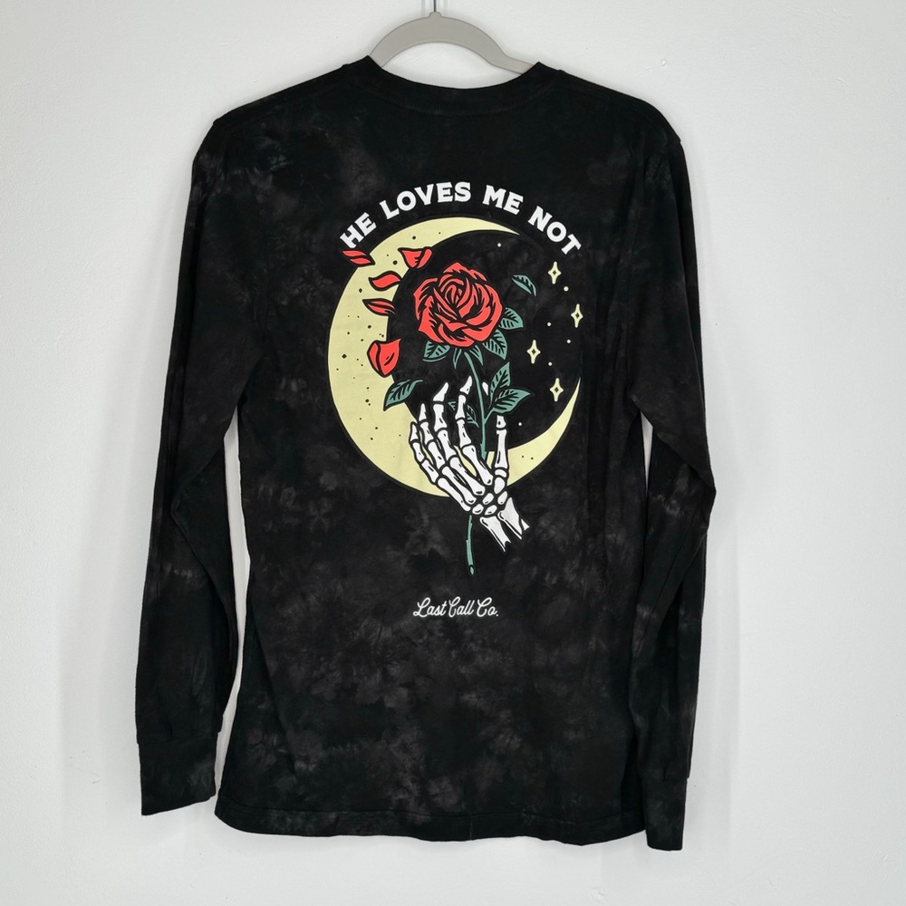 Last Call Co. Black Tie Dye Long Sleeve Shirt Skeleton Hand Rose Moon Size Small